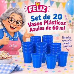 RI-0009372 Set de 20 Vasos Plásticos Azules de 60 ml Feliz