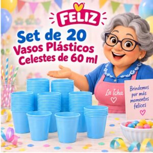 RI-0009373 Set de 20 Vasos Plásticos Celestes de 60 ml Feliz
