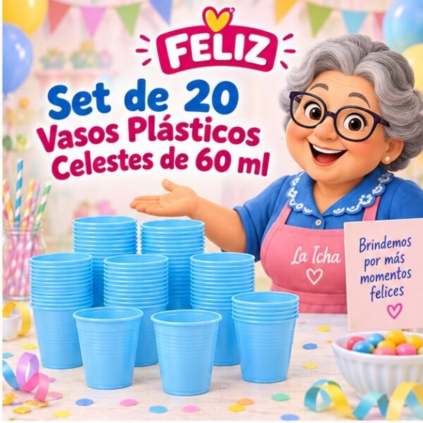 RI-0009373 Set de 20 Vasos Plásticos Celestes de 60 ml Feliz