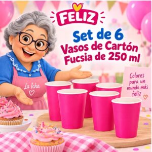 RI-0009374 Set de 6 Vasos de Cartón Fucsia de 250 ml Feliz