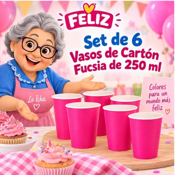 Set de 6 Vasos de Cartón Fucsia de 250 ml Feliz