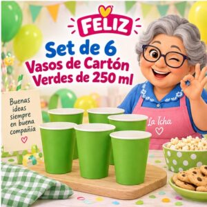 RI-0009375 Set de 6 Vasos de Cartón Verdes de 250 ml Feliz