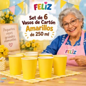RI-0009376 Set de 6 Vasos de Cartón Amarillos de 250 ml Feliz