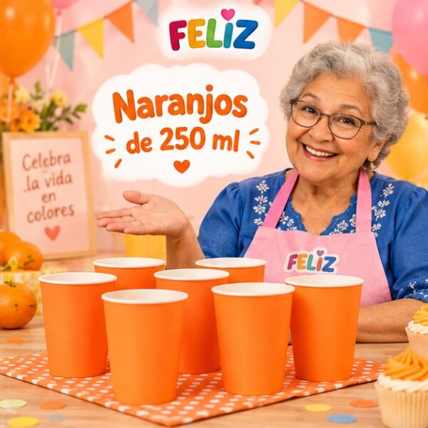 RI-0009377 Set de 6 Vasos de Cartón Naranjos de 250 ml Feliz