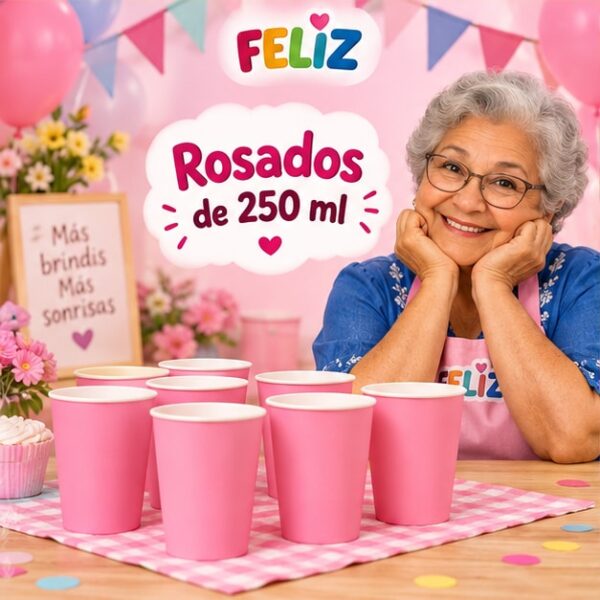 RI-0009378 Set de 6 Vasos de Cartón Rosados de 250 ml Feliz