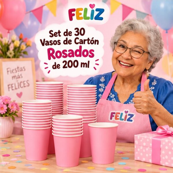 RI-0009379 Set de 30 Vasos de Cartón Rosados de 200 ml Feliz