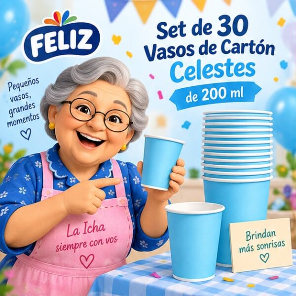 RI-0009380 Set de 30 Vasos de Cartón Celestes de 200 ml Feliz