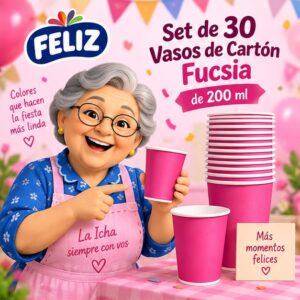 RI-0009381 Set de 30 Vasos de Cartón Fucsia de 200 ml Feliz