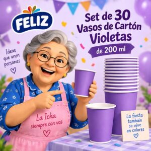 RI-0009382 Set de 30 Vasos de Cartón Violetas de 200 ml Feliz