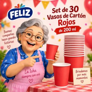 RI-0009383 Set de 30 Vasos de Cartón Rojos de 200 ml Feliz