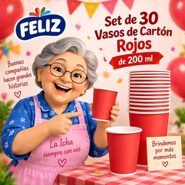 RI-0009383 Set de 30 Vasos de Cartón Rojos de 200 ml Feliz