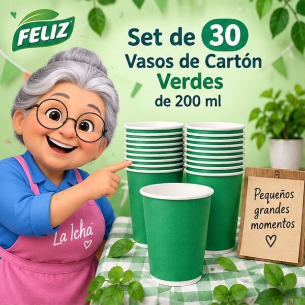 RI-0009384 Set de 30 Vasos de Cartón Verdes de 200 ml Feliz