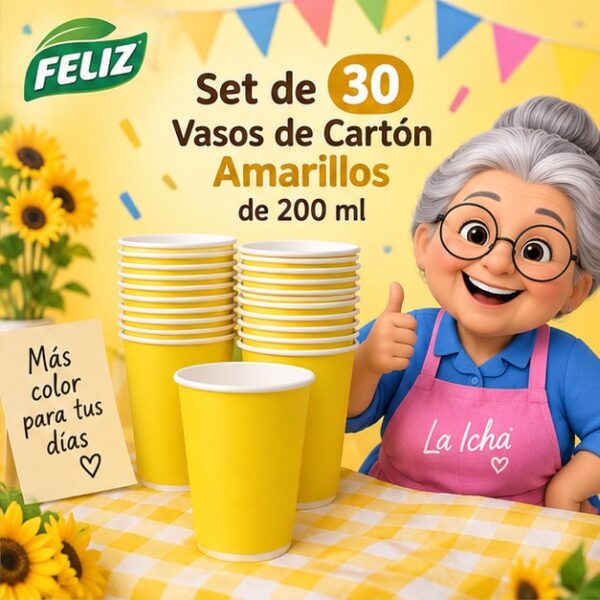 RI-0009385 Set de 30 Vasos de Cartón Amarillos de 200 ml Feliz