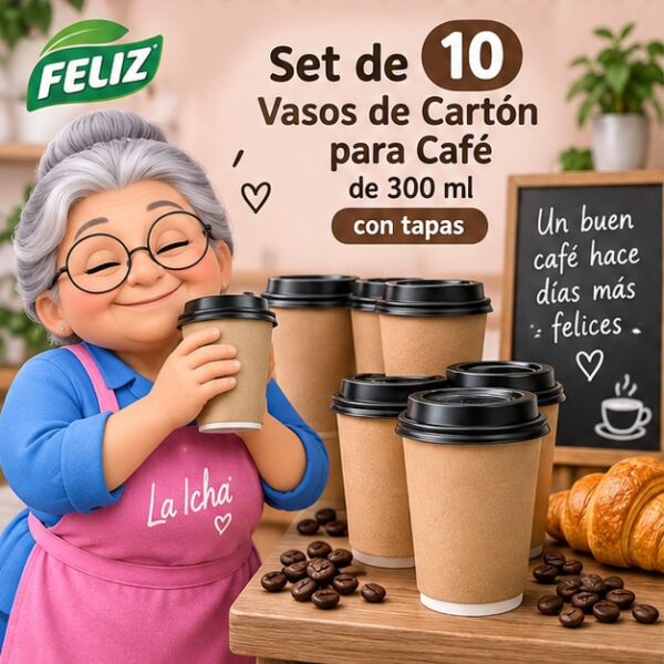 RI-0009386 Set de 10 Vasos de Cartón para Café de 300 ml Feliz