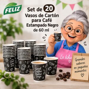 RI-0009387 Set de 20 Vasos de Cartón para Café Estampado Negro de 60 ml Feliz