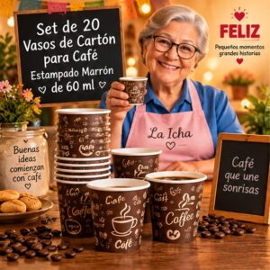 RI-0009388 Set de 20 Vasos de Cartón para Café Estampado Marrón de 60 ml Feliz