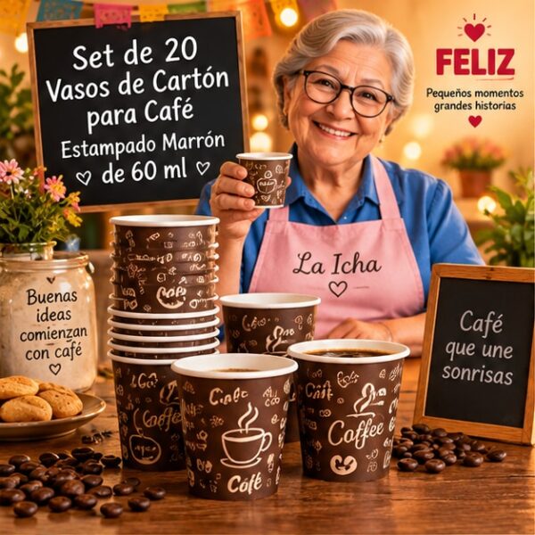 RI-0009388 Set de 20 Vasos de Cartón para Café Estampado Marrón de 60 ml Feliz