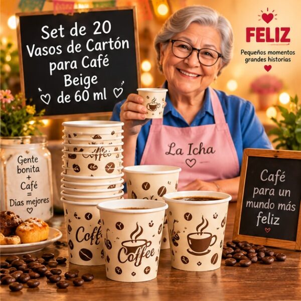 RI-0009389 Set de 20 Vasos de Cartón para Café Beige de 60 ml Feliz