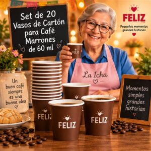 RI-0009390 Set de 20 Vasos de Cartón para Café Marrones de 60 ml Feliz