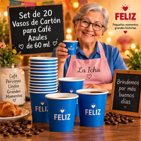 RI-0009391 Set de 20 Vasos de Cartón para Café Azules de 60 ml Feliz