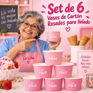 RI-0009392 Set de 6 Vasos de Cartón Rosados para Helado Feliz