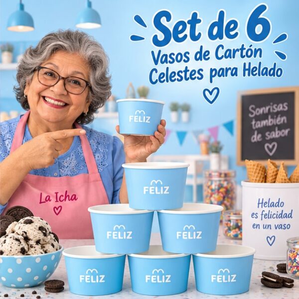 RI-0009393 Set de 6 Vasos de Cartón Celestes para Helado Feliz