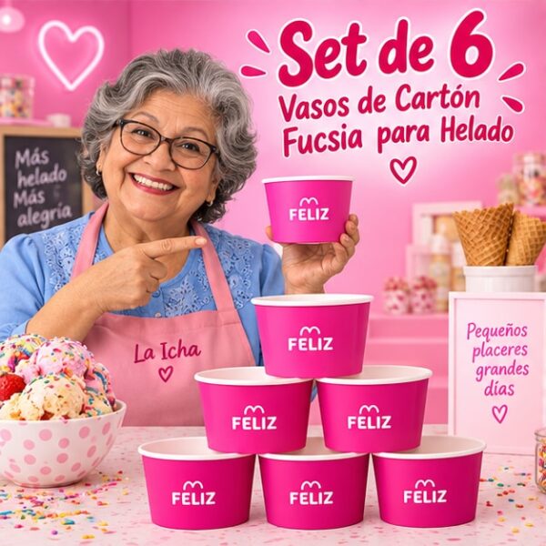 RI-0009394 Set de 6 Vasos de Cartón Fucsia para Helado Feliz