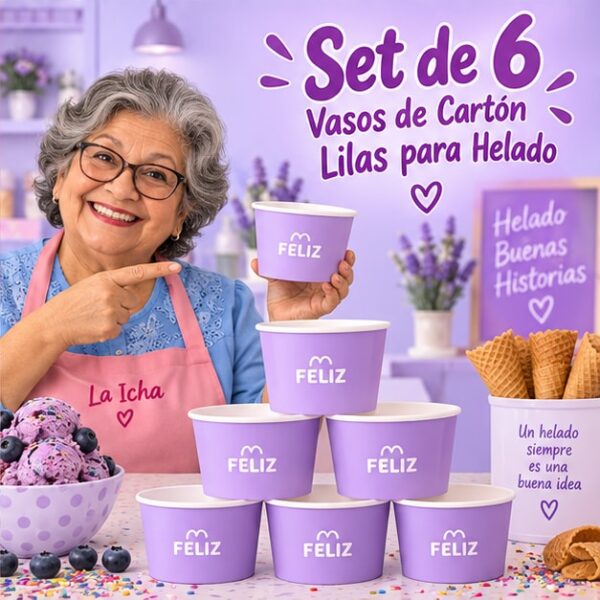 RI-0009395 Set de 6 Vasos de Cartón Lilas para Helado Feliz