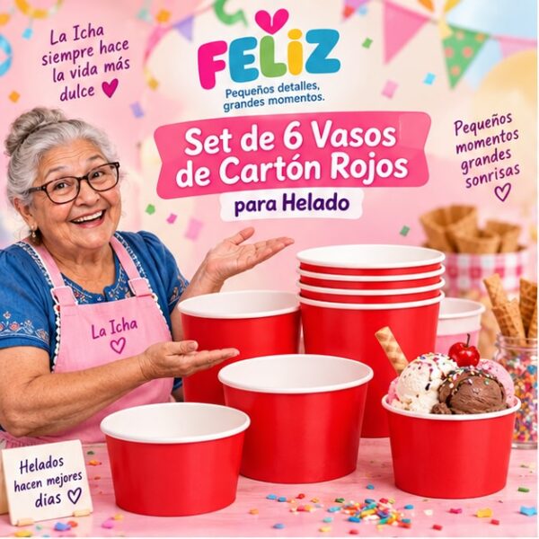 RI-0009396 Set de 6 Vasos de Cartón Rojos para Helado Feliz