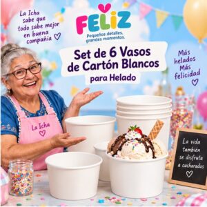 RI-0009397 Set de 6 Vasos de Cartón Blancos para Helado Feliz