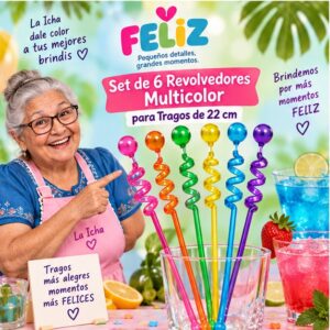 RI-0009398 Set de 6 Revolvedores Multicolor para Tragos de 22 cm Feliz