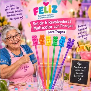 RI-0009399 Set de 6 Revolvedores Multicolor con Parejas para Tragos Feliz