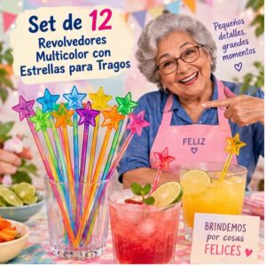 RI-0009400 Set de 12 Revolvedores Multicolor con Estrellas para Tragos Feliz