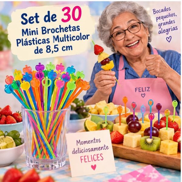RI-0009402 Set de 30 Mini Brochetas Plásticas Multicolor de 8,5 cm Feliz