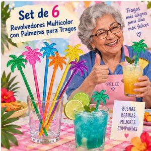 RI-0009403 Set de 6 Revolvedores Multicolor con Palmeras para Tragos Feliz