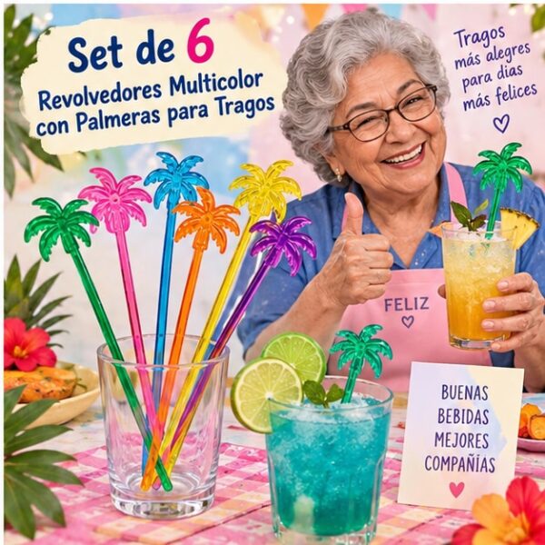 RI-0009403 Set de 6 Revolvedores Multicolor con Palmeras para Tragos Feliz