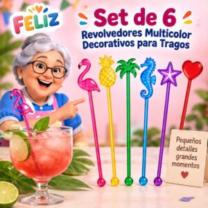 RI-0009404 Set de 6 Revolvedores Multicolor Decorativos para Tragos Feliz