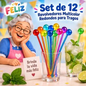 RI-0009405 Set de 12 Revolvedores Multicolor Redondos para Tragos Feliz