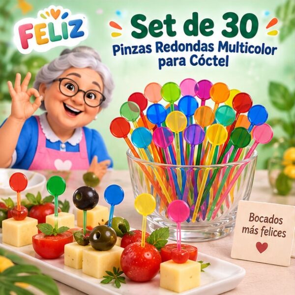 RI-0009406 Set de 30 Pinzas Redondas Multicolor para Cóctel Feliz