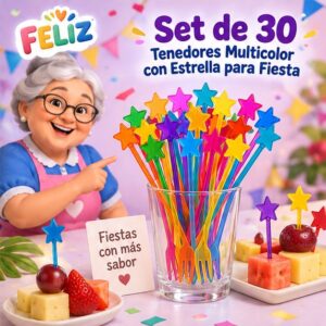 RI-0009407 Set de 30 Tenedores Multicolor con Estrella para Fiesta Feliz