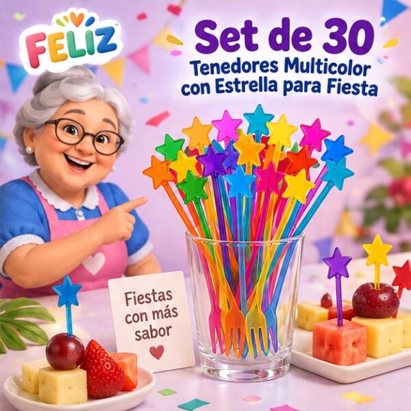 Set de 30 Tenedores Multicolor con Estrella para Fiesta Feliz