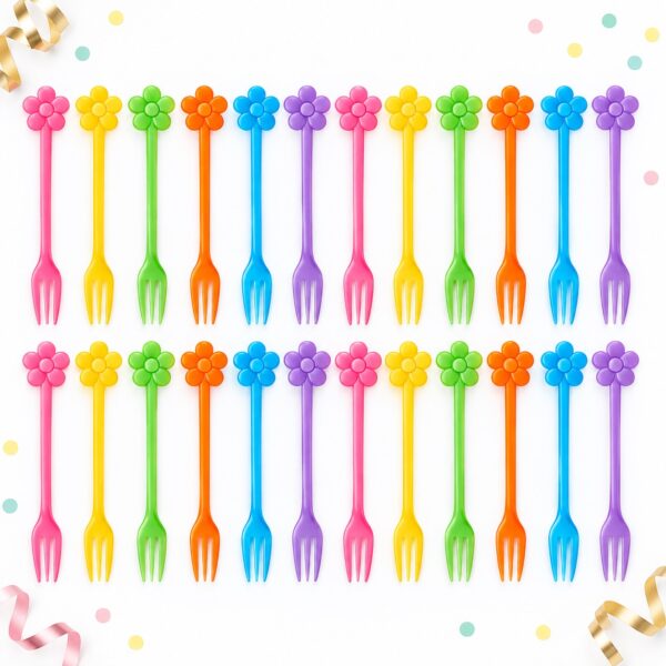RI-0009410 Set de 24 Tenedores Flor Multicolor para Cóctel de 8,8 cm Feliz