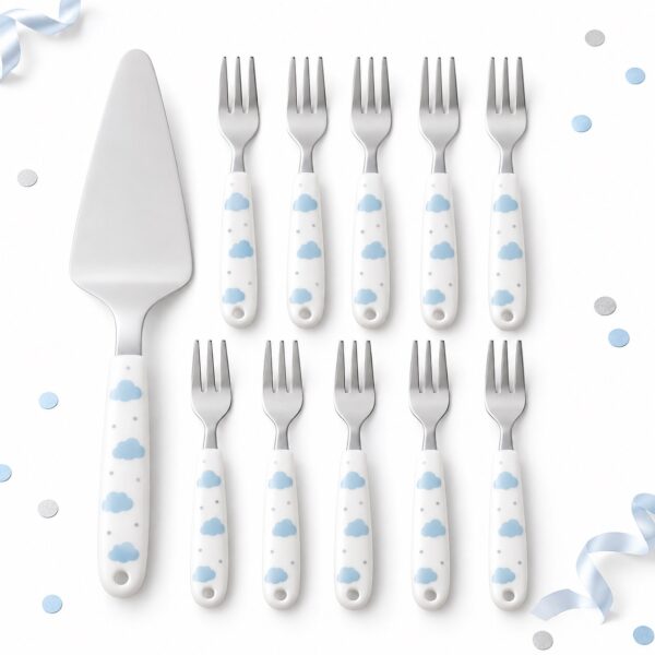 RI-0009430 Set de 11 Cubiertos Blancos con Nubes para Torta Feliz
