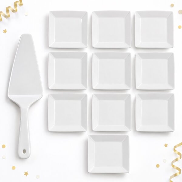 RI-0009432 Set de 11 Cubiertos Blancos Cuadrados para Torta Feliz