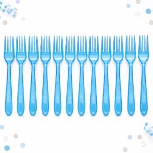 RI-0009460 Set de 12 Tenedores Plásticos Transparentes Azules de 16 cm Feliz