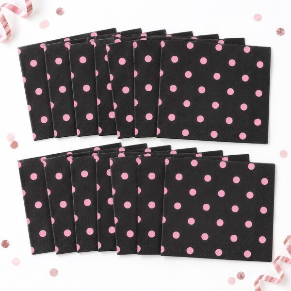 RI-0009472 Set de 16 Servilletas Negras con Puntos Rosados de 33 x 33 cm Feliz