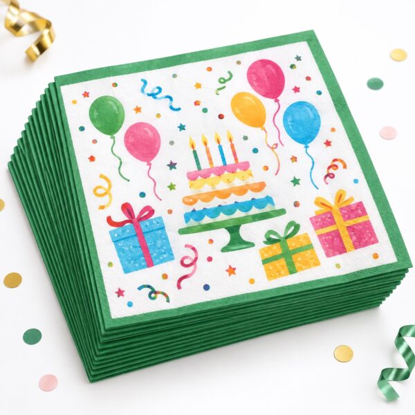 RI-0009475 Set de 16 Servilletas Feliz Cumpleaños con Borde Verde de 33 x 33 cm Feliz