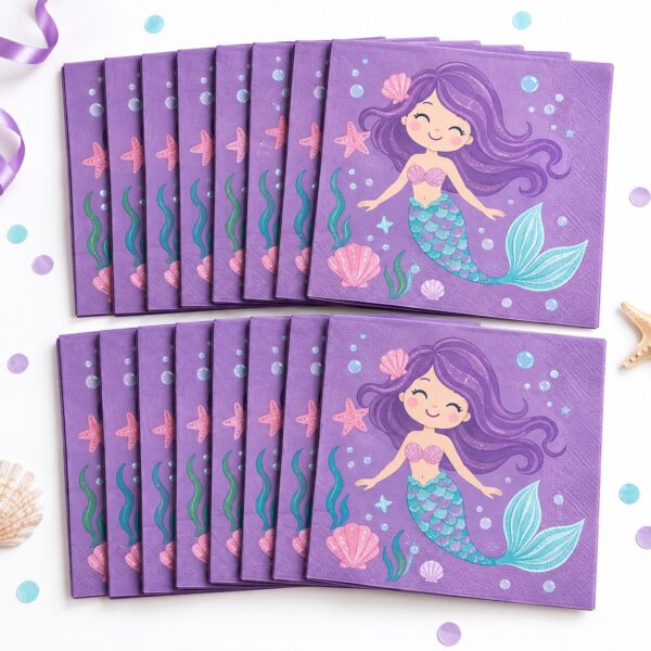 RI-0009478 Set de 16 Servilletas Moradas con Diseño de Sirena de 33 cm Feliz