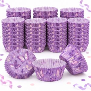 Set de 100 Cápsulas Moradas con Mariposas para Cupcake de 11 x 3 cm Feliz