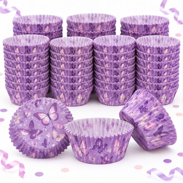 RI-0009485 Set de 100 Cápsulas Moradas con Mariposas para Cupcake de 11 x 3 cm Feliz